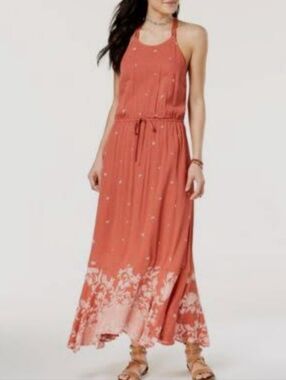 Roxy MaxiDress XL Boho Floral Crochet Racerback Burnt Orange Viscose/Cotton